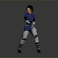 Female Warrior Character In Blue Silver Armor With Combat Stance 3D Render Grey Background