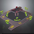 3D Model Gas Station Building With Red Signage Green Trees And Yellow Arrows