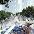 Outdoor Kids Play Area With Slide Water Features Trees And Modern Buildings For Children