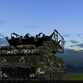 Camouflage Military Tank Firing Artillery With Smoke Trails In Grass Field Sunset Sky