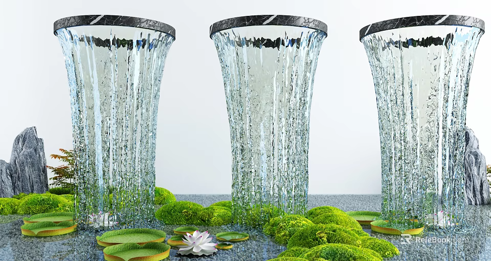 Glass Vase Water Feature with Flowing Water Green Moss and White Lotus Flower 3d model 