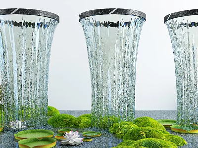 Glass Vase Water Feature with Flowing Water Green Moss and White Lotus Flower 3d model