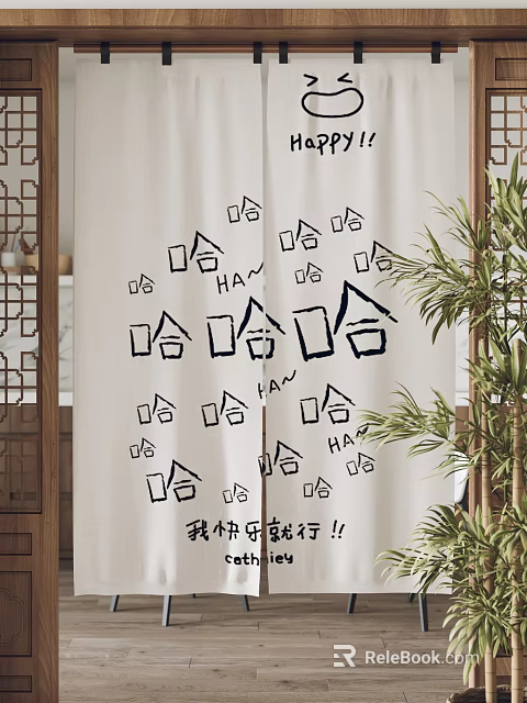 Decorative Curtains With Black House Patterns And Haha Text For Home Decor 3d model 