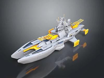 Sci Fi Warship Model With Futuristic Gray Yellow Design Turrets And Antennas 3d model