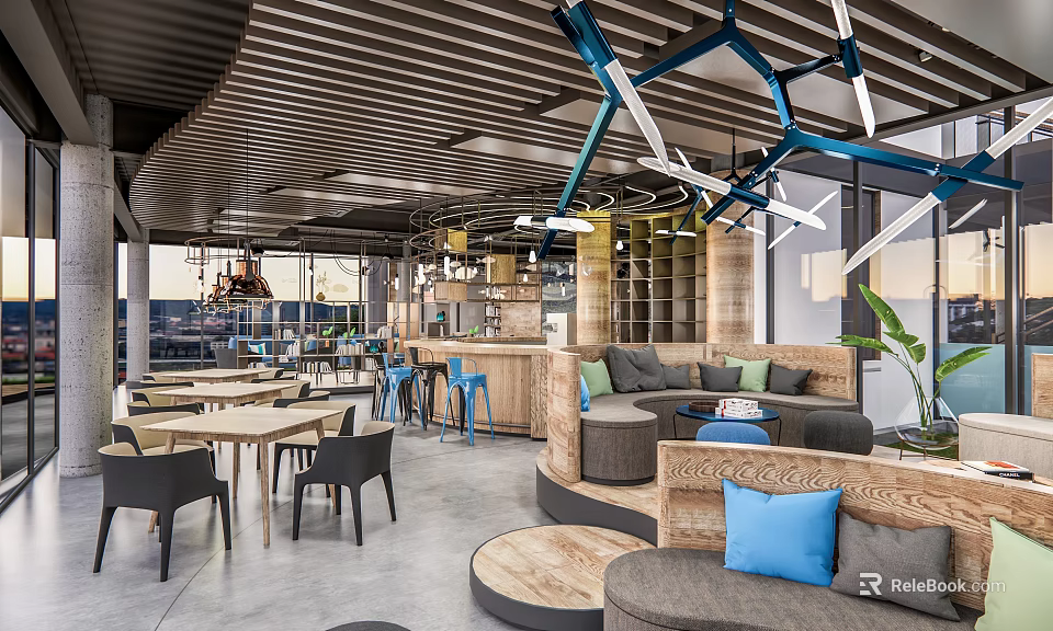 Cozy Modern Café Interior With Wooden Furniture Blue Cushions Sofa Seating And Open Layout 3d model 