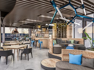Cozy Modern Café Interior With Wooden Furniture Blue Cushions Sofa Seating And Open Layout 3d model