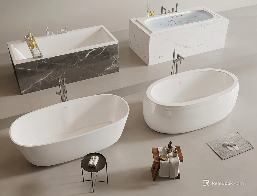 Modern Bathroom Bathtubs With Marble Rectangular And Oval Shapes And Accessories 3d model 
