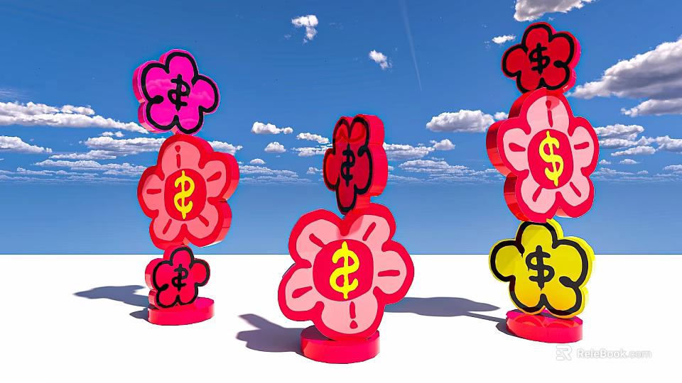 Colorful Flower Shaped Photo Spot With Dollar Signs And Blue Sky Background 3d model 