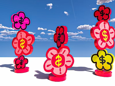Colorful Flower Shaped Photo Spot With Dollar Signs And Blue Sky Background 3d model