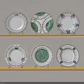 Ceramic Plates Featuring Decorative Blue Green Patterns On Wooden Shelves