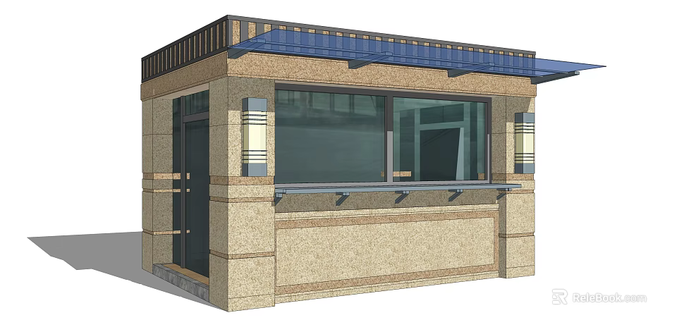 Outdoor Service Kiosk Featuring Stone Exterior Blue Roof Large Glass Windows And Counter 3d model 