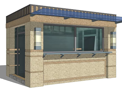 Outdoor Service Kiosk Featuring Stone Exterior Blue Roof Large Glass Windows And Counter 3d model