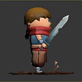 Cartoon Warrior Character With Orange Hair Red Scarf Blue Outfit And Sword On Wooden Platform