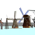 Various Styles Windmill Models Garden Ornaments Standing On Water Surface Under Blue Sky
