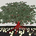 Charming Night Decoration With Large Tree Hanging Lanterns Red Ribbons And Ground Reflections