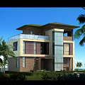 Luxury Modern Detached Villa With Large Glass Windows Swimming Pool And Palm Trees