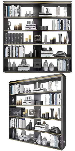 Modern Organized Bookshelf With Stylish Layered Books Decorative Glass Bottles And Sculptures 3d model 