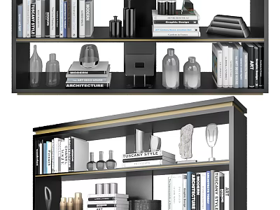 Modern Organized Bookshelf With Stylish Layered Books Decorative Glass Bottles And Sculptures 3d model