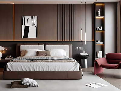 Modern Double Bed Bedroom Interior With Dark Wooden Wall Abstract Artwork And Red Accent Chair 3d model