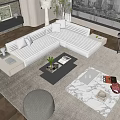 Modern Living Room White Sofa And Marble Coffee Table Set With Ottoman Rug And Plants