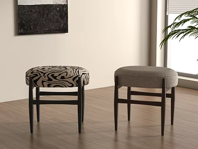 Two Modern Sofa Stools With Zebra Pattern And Solid Color Wooden Legs For Living Room 3d model
