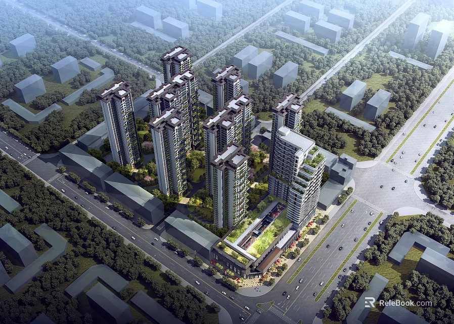 Modern High Rise Residential Towers With Green Landscaped Surroundings In Urban Area 3d model 