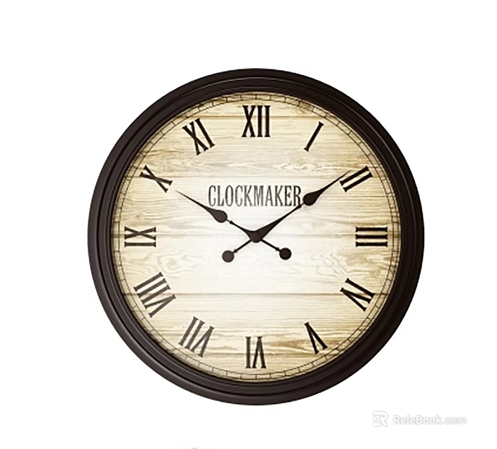 Vintage Wall Clock With Wooden Dial Roman Numerals Black Frame And Clockmaker Text 3d model 