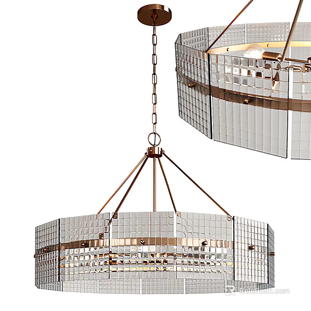 Modern Circular Chandelier with Copper Frame and Glass Grid Panels Design 3d model 