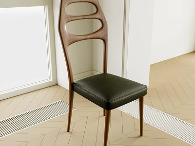 Modern Accent Chair with Wooden Backrest and Leather Seat in Bright Room on Wooden Floor 3d model