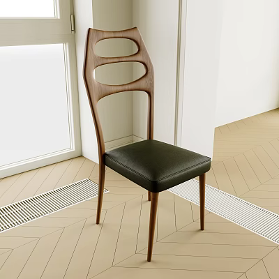 Modern Accent Chair with Wooden Backrest and Leather Seat in Bright Room on Wooden Floor 3d model