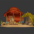 Colorful Market Stall Scene With Red Yellow Tents Pottery Baskets And Decorative Plants