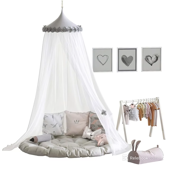 Kids Study Desk With White Canopy Gray Pink Pillows Stuffed Toys And Heart Decor 3d model 