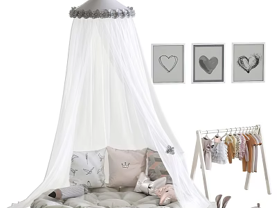 Kids Study Desk With White Canopy Gray Pink Pillows Stuffed Toys And Heart Decor 3d model