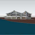 Traditional Chinese Post House With Waterfront Greenery Stone Elements And Glass Windows