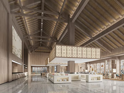 Modern Restaurant Interior With Wooden Beams High Ceilings Decorative Partition And Counter Seating 3d model