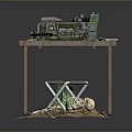 Green Tactical Weapon Placed On Metal Table With Branches And Dirt