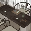 Solid Wood Tea Table and Chairs with Tea Set Pine Cones and Small Potted Plant 3d model