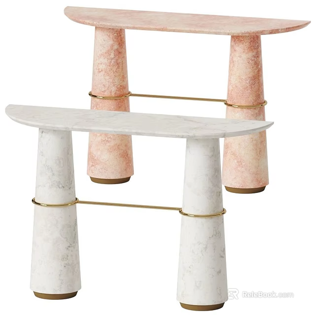 Elegant Console Table With Marble Top White Pink Cylindrical Legs And Gold Metal Rings 3d model 