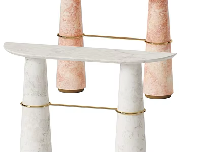Elegant Console Table With Marble Top White Pink Cylindrical Legs And Gold Metal Rings 3d model