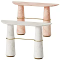 Elegant Console Table With Marble Top White Pink Cylindrical Legs And Gold Metal Rings
