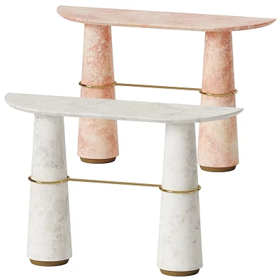 Elegant Console Table With Marble Top White Pink Cylindrical Legs And Gold Metal Rings 3d model