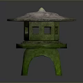 Green Mossy Ancient Stone Lantern Featuring Pagoda Style Roof And Square Windows On Legged Base