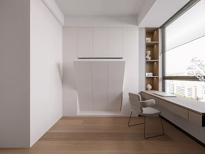 Minimalist Modern Study Room With White Cabinets And Window Desk 3d model