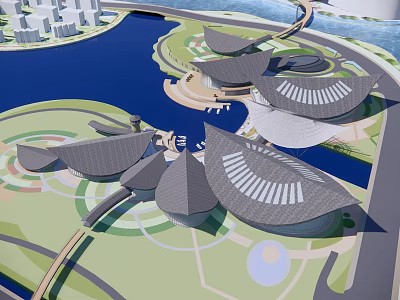 Modern Architectural Complex With Unique Roof Design And Waterfront Green Scenic Areas 3d model