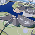 Modern Architectural Complex With Unique Roof Design And Waterfront Green Scenic Areas