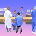 Man as Medical Professional With Team in White Coats And Blue Scrubs Around Long Table