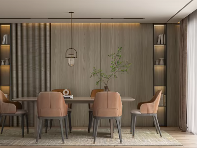 Modern Restaurant Interior With Wooden Wall Pendant Light Dining Table Chairs Green Plant And Bookshelves 3d model