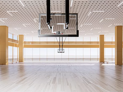 Modern Basketball Court With Hoop High Ceiling Wooden Floor And Large Windows 3d model