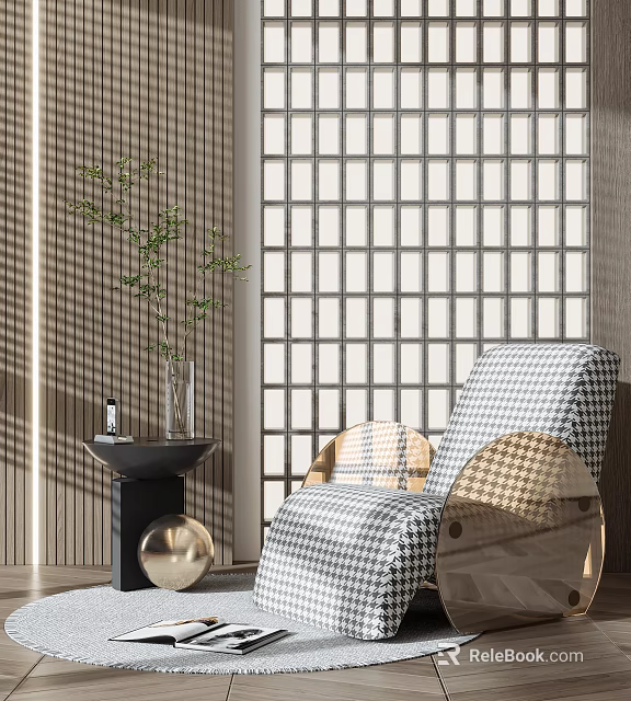 Single Sofa with Houndstooth Pattern Featuring Wooden Screen Green Plant and Small Side Table 3d model 