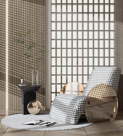 Single Sofa with Houndstooth Pattern Featuring Wooden Screen Green Plant and Small Side Table 3d model